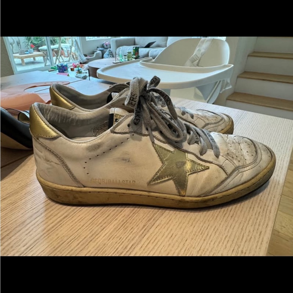Golden Goose Distressed White and Gold Sneakers